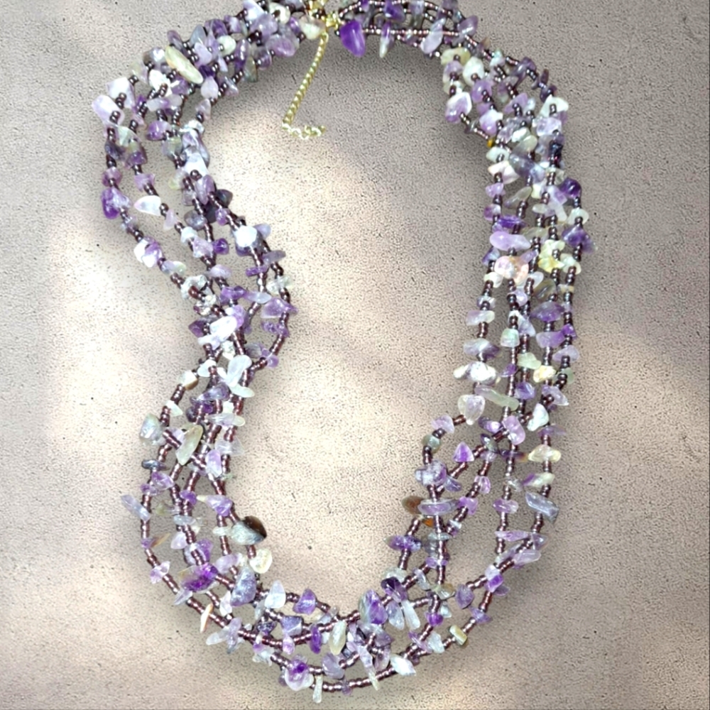 Amethyst stone bead chip 5 strand necklace silvertone adjustable